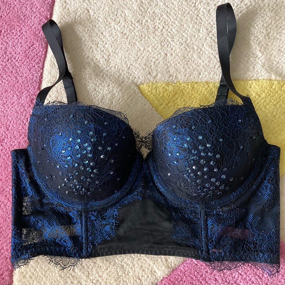 Victoria’s Secret Blue Foil Swarovski Crystal Push Up Bustier Longline Bra 32C